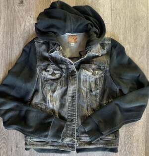 American Eagle Women's Black Acid Wash Denim Hooded Jacket Size S